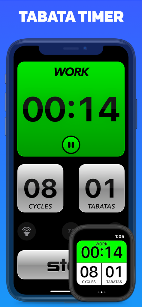 Tabata Pro HIIT interval timer interface showing workout time cycles and tabatas on iPhone and Apple Watch