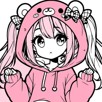 cute anime girl with ponytails and a cute bear hoodie