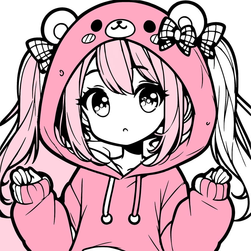 cute anime girl with ponytails and a cute bear hoodie