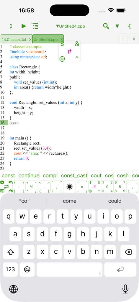 C++ IDE mobile code editor featuring syntax highlighting and a custom programming keyboard.