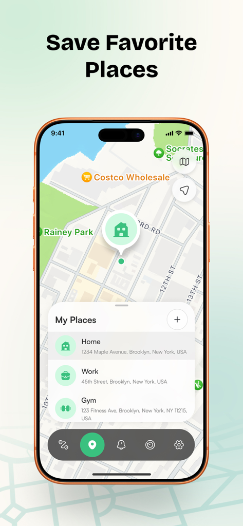 Friend Tracker: Share Location - Friend Tracker mobile app interface showing the My Places feature with saved locations for Home Work and Gym on a map