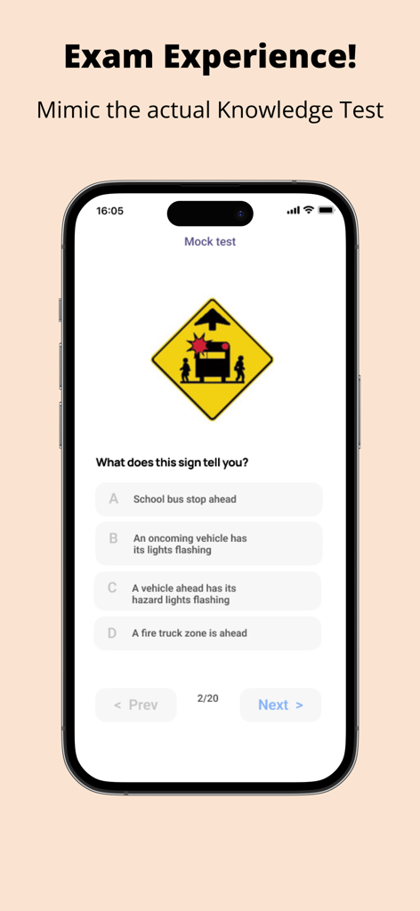 G1 Driving Test Ontario - Una captura de pantalla de una pregunta de examen de práctica G1 sobre una señal de autobús escolar en la aplicación G1 Driving Test Ontario