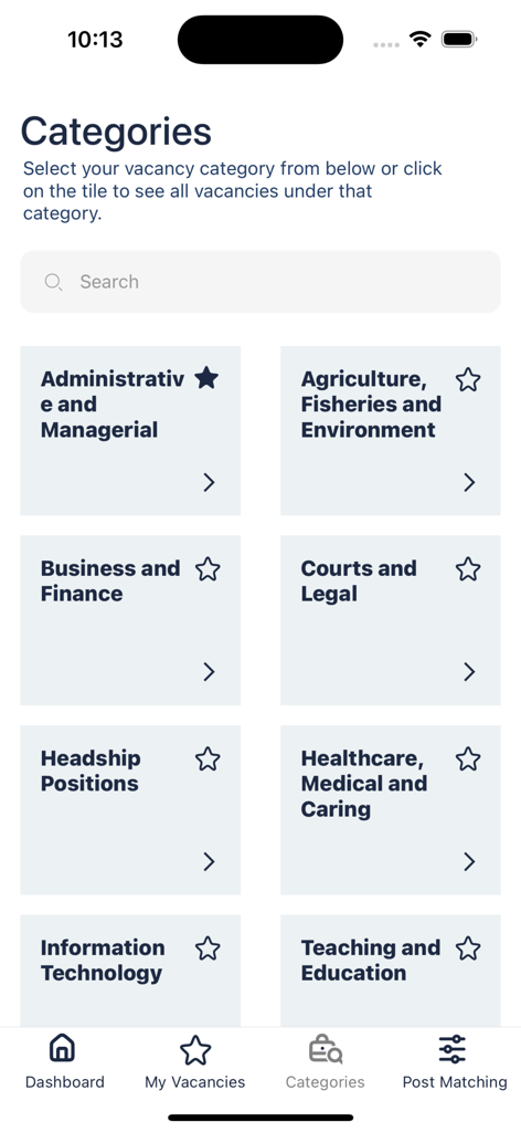 Join the Public Service - A mobile screen showing different job vacancy categories such as Business, Healthcare, and IT for the Malta Public Service.