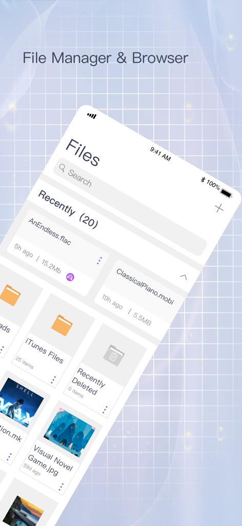 Captura de pantalla de la aplicación Files Go mostrando una cuadrícula de carpetas accedidas recientemente y archivos multimedia en un iPhone