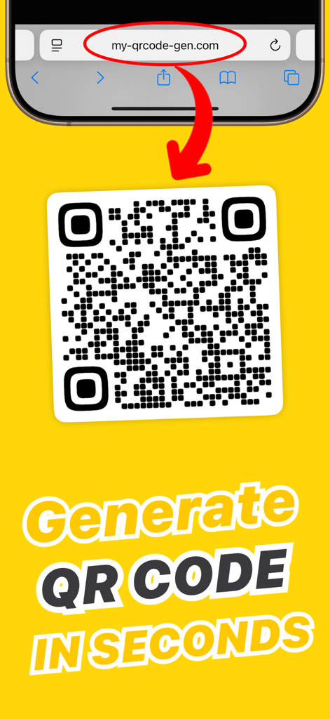 Pantalla de la aplicación móvil que muestra una URL de sitio web convirtiéndose en un código QR con el texto Generar Código QR en segundos.