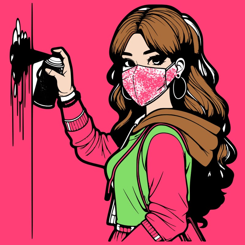 realistic girl with mask spray painting a wall