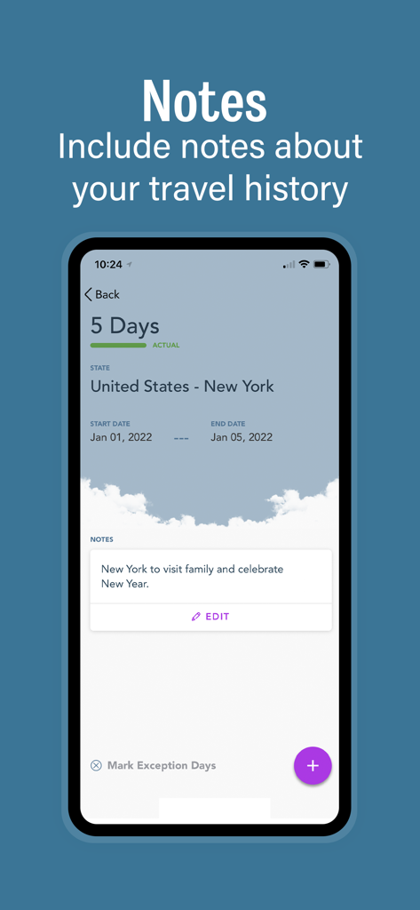 TaxBird - Residency Tracker - TaxBird app interface showing travel history notes for a 5-day trip to New York