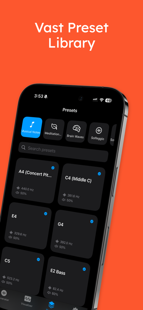 ToneWave Pro - ToneWave Pro app screen showing a library of audio frequency presets for musical notes and meditation.