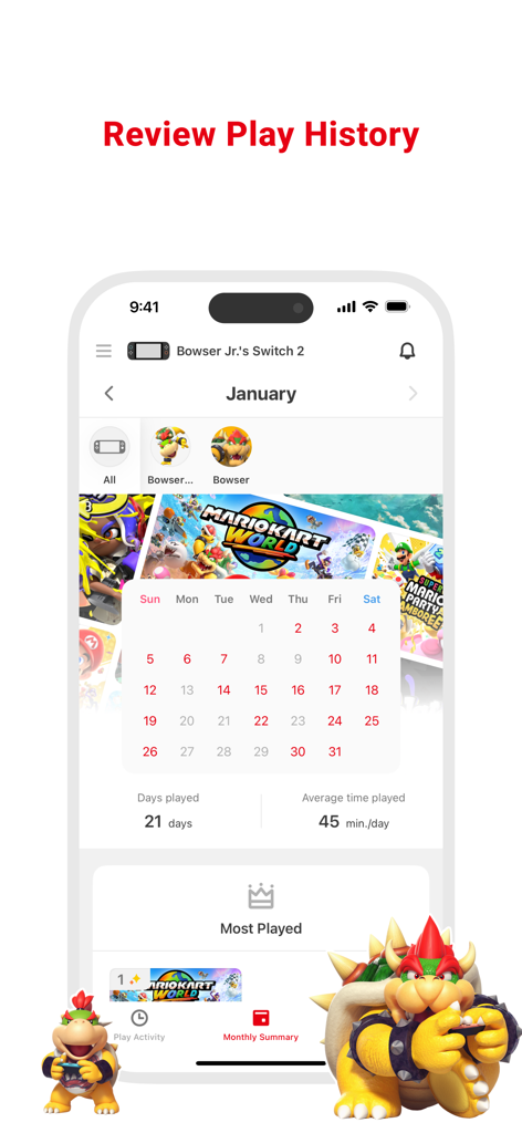 Monthly play history and usage summary on the Nintendo Switch Parental Controls app.