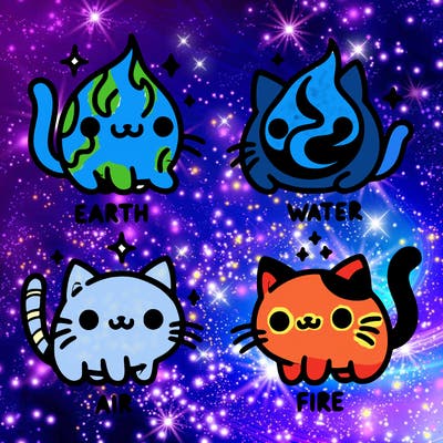 4 cats that represent the different elements, earth, water, air, and fire