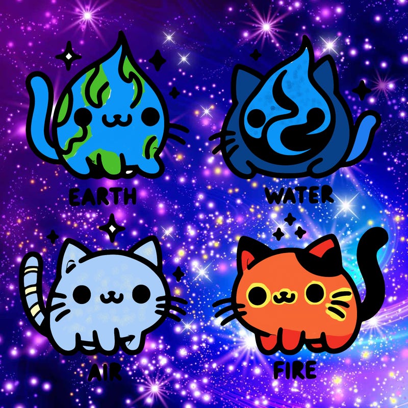 4 cats that represent the different elements, earth, water, air, and fire