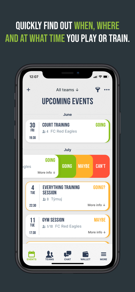 Teamheadz mobile App zeigt eine Liste bevorstehender Sportveranstaltungen und den Anwesenheitsstatus