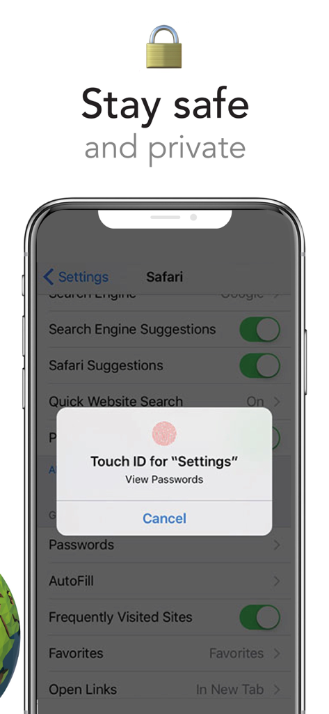 iPhone showing a Touch ID authentication prompt to view passwords under the slogan Stay safe and private