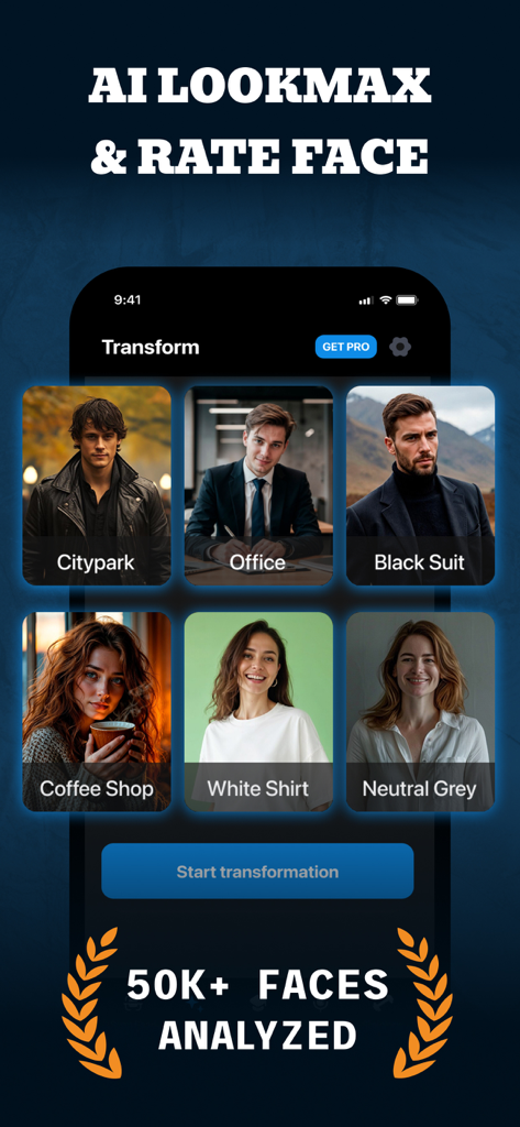 LooksMax AI: Face Rater & Scan - Interface of the LooksMax AI app showing different profile transformation categories for face analysis
