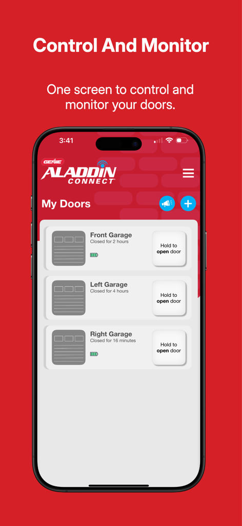 Aladdin Connect app interface showing the status and control buttons for multiple garage doors on a single screen.
