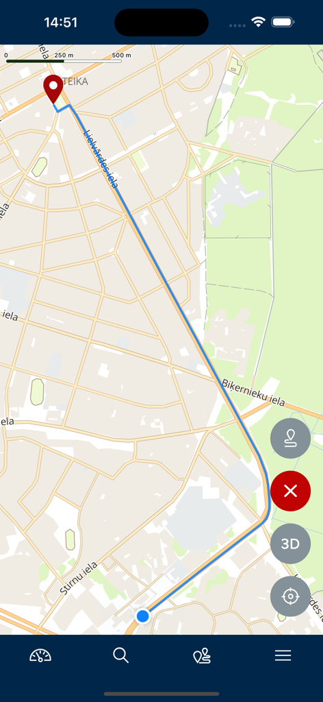 BalticMaps - BalticMaps app interface displaying a navigation route on a detailed street map with location pins.