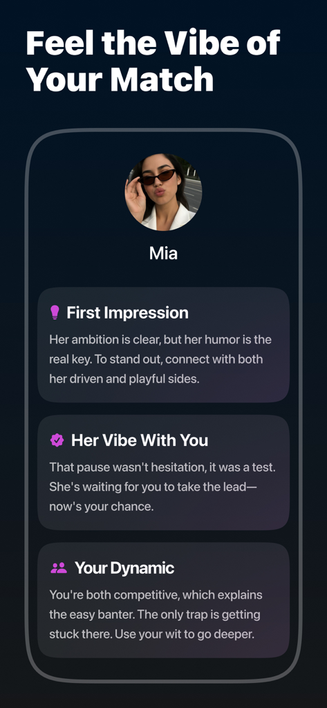 Eden AI: Your Dating Coach - Eden AI app interface showing a detailed personality and conversation vibe analysis of a dating match