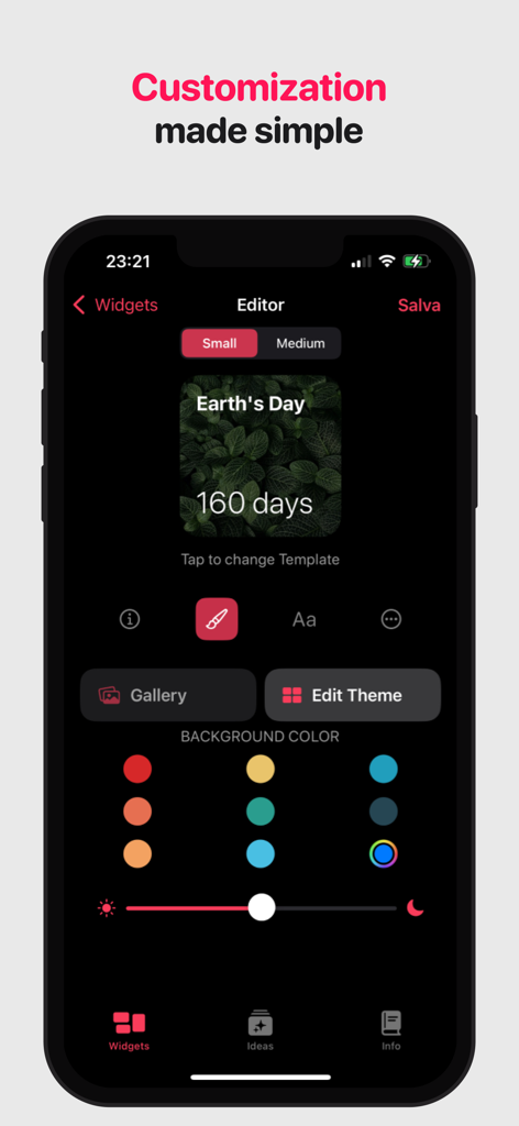Countdown Widget Plus - Editor screen of Countdown Widget Plus app showing customization options for an Earth's Day countdown widget