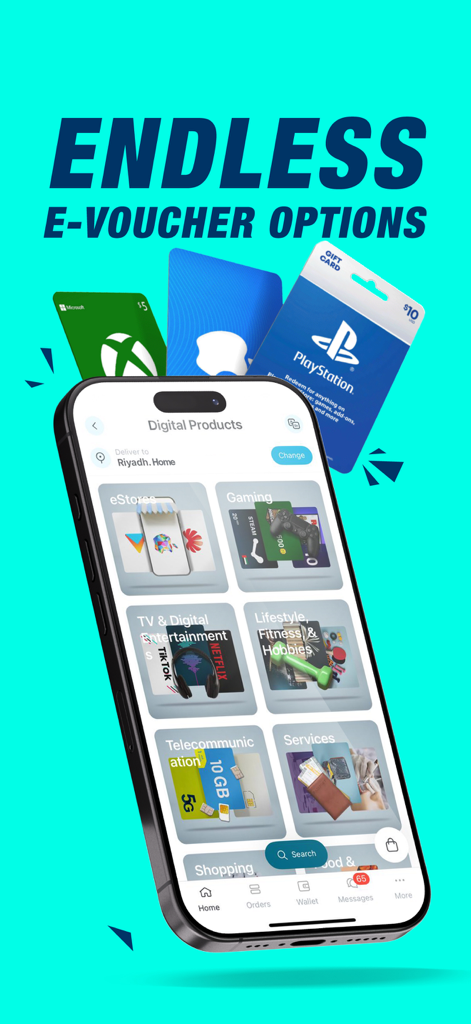 ToYou app screen displaying digital products and e-voucher options for gaming entertainment and telecommunications