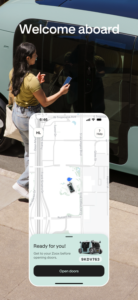 Zoox - A woman using the Zoox mobile app to open the doors of an autonomous robotaxi arrival.