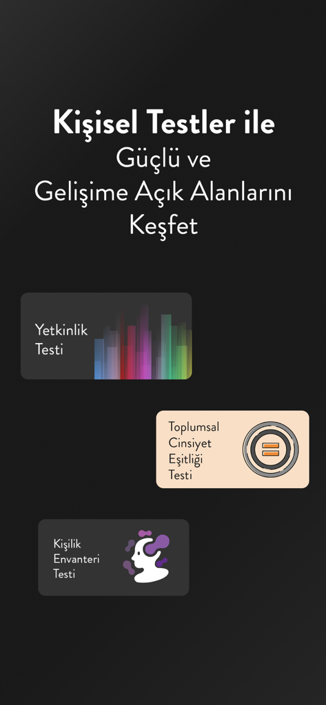 Neo Skola app screen displaying various personal assessment and personality tests for self-improvement and professional growth.