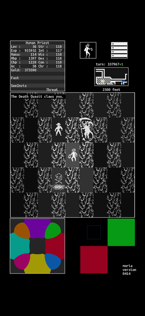 Mines of Moria - Gameplay screenshot of Mines of Moria showing a human priest character in a deep dungeon with retro ASCII style graphics and stats.