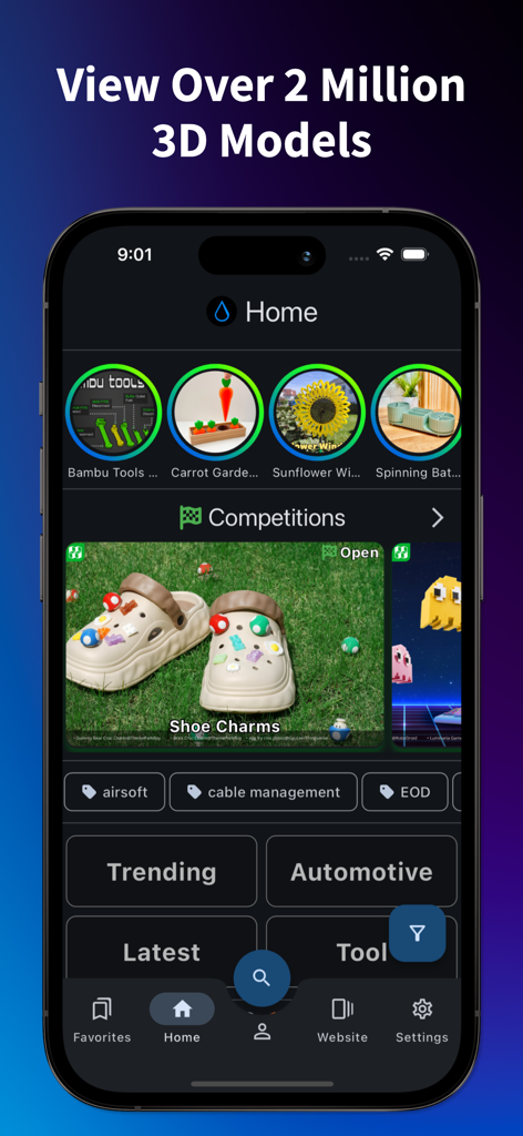 Makerworld Printables | 3Drop - Screenshot of the 3Drop app home screen displaying various 3D model categories and current design competitions