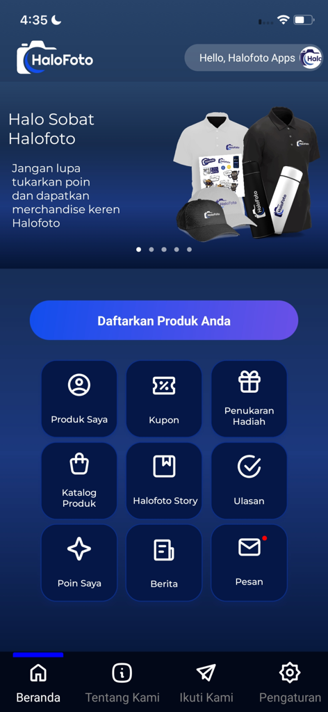 Halofoto App - Home screen of the Halofoto photography community app featuring menu icons for products rewards and news