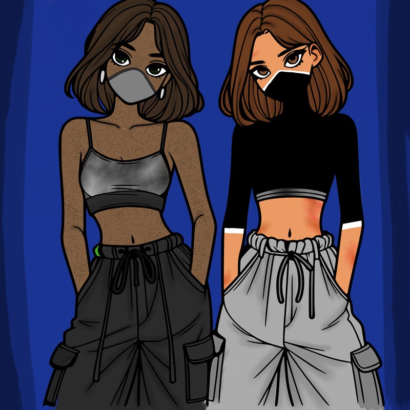 two girls with crop top with baggy pants