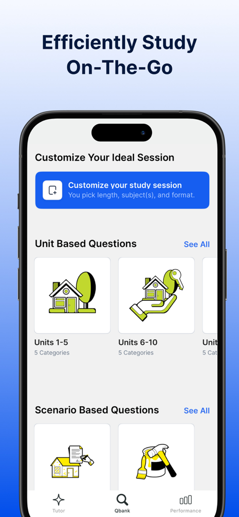 Pantalla de la aplicación móvil Dearborn Real Estate Exam Prep que muestra la personalización de la sesión de estudio y las preguntas de práctica basadas en unidades