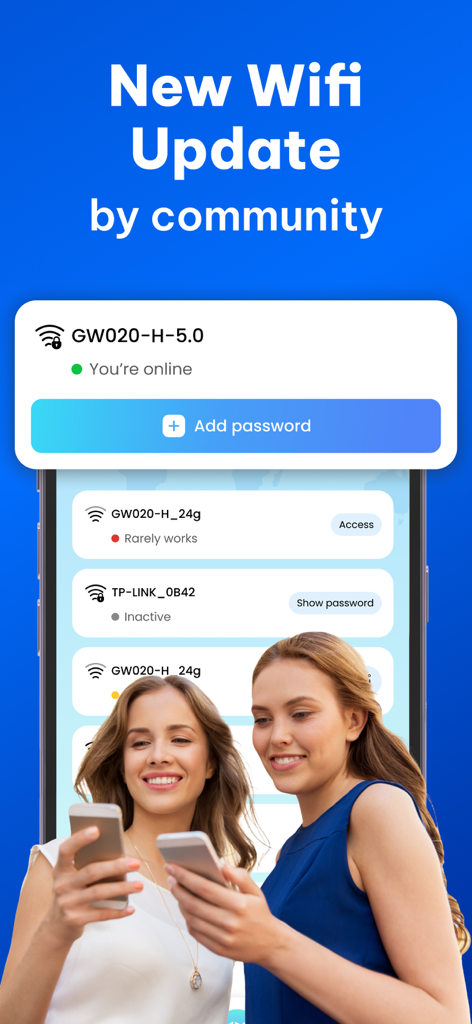 Dos mujeres jóvenes usando sus teléfonos para verificar las actualizaciones de WiFi compartidas por la comunidad en la aplicación WiFinder