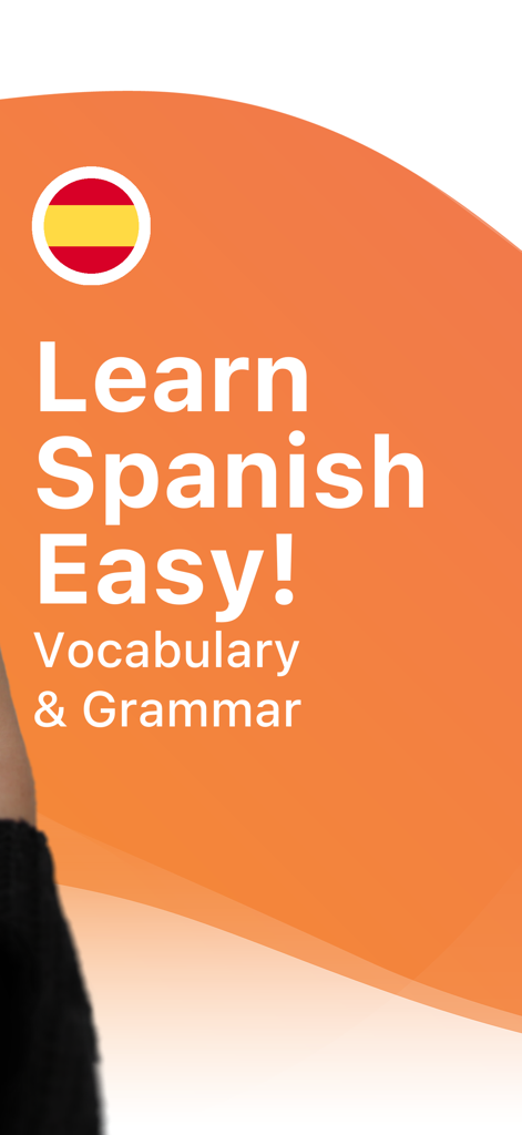 Promotional screen for the Learn Spanish with LENGO app featuring vocabulary and grammar text with a Spanish flag icon