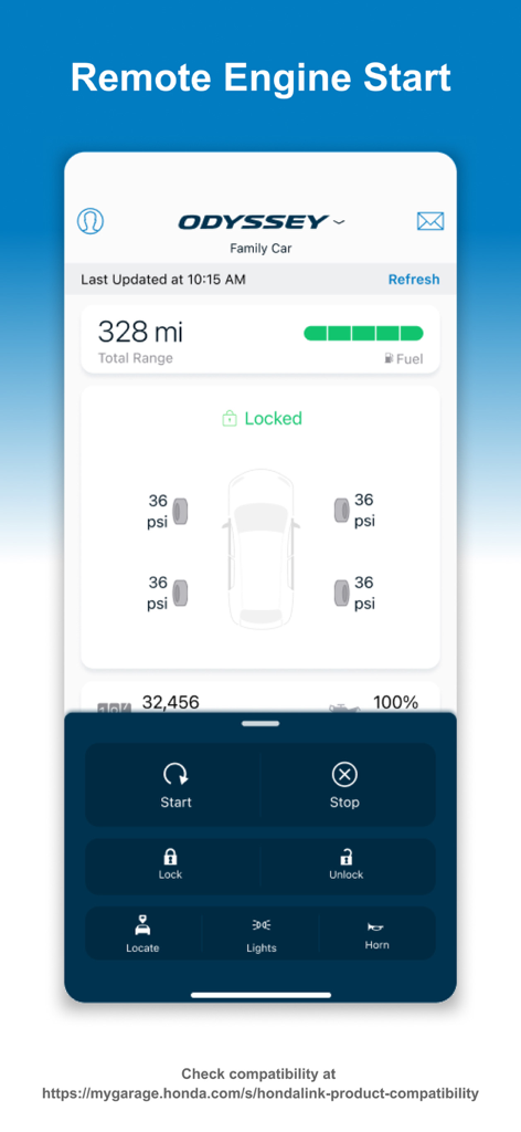 HondaLink app interface showing remote engine start controls and vehicle health status for a Honda Odyssey