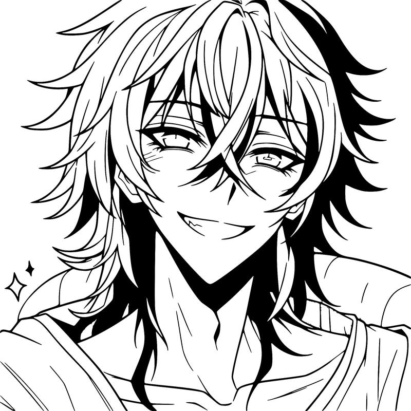 hot anime boy with long ish hair and a has a grin