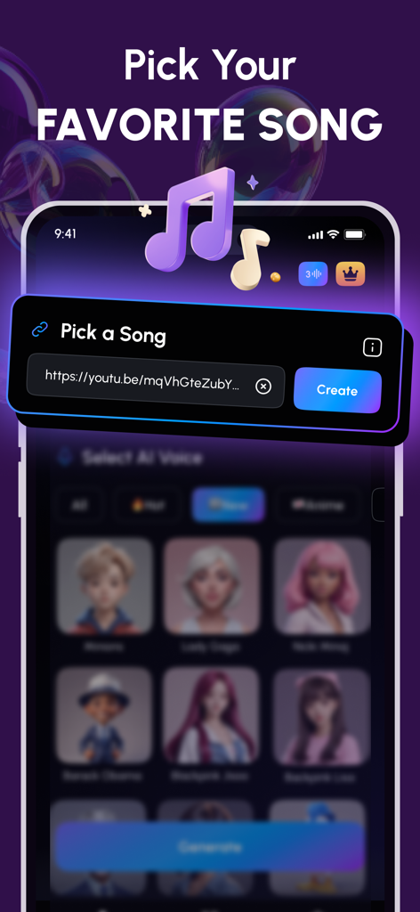 AI Cover – Hit Songs Creator - Interfaz de la aplicación AI Cover mostrando un campo de entrada de URL para elegir una canción favorita y un botón de crear
