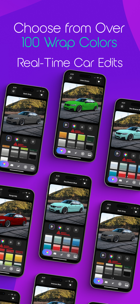 AutoStyle.AI Modify your Car - Multiple iPhone screens showing different car wrap color options and real-time edits in the AutoStyle AI app