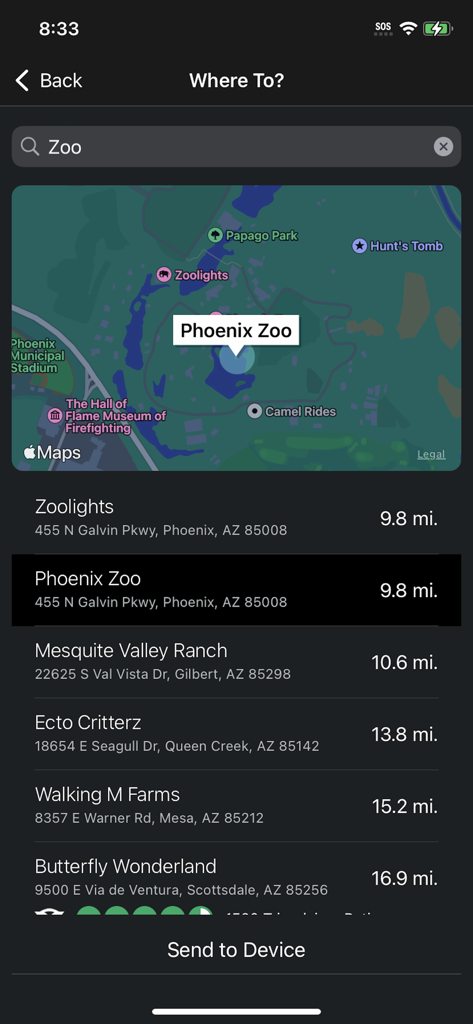 Garmin Drive app interface showing a map with search results for a zoo and a button to send the destination to a Garmin device.