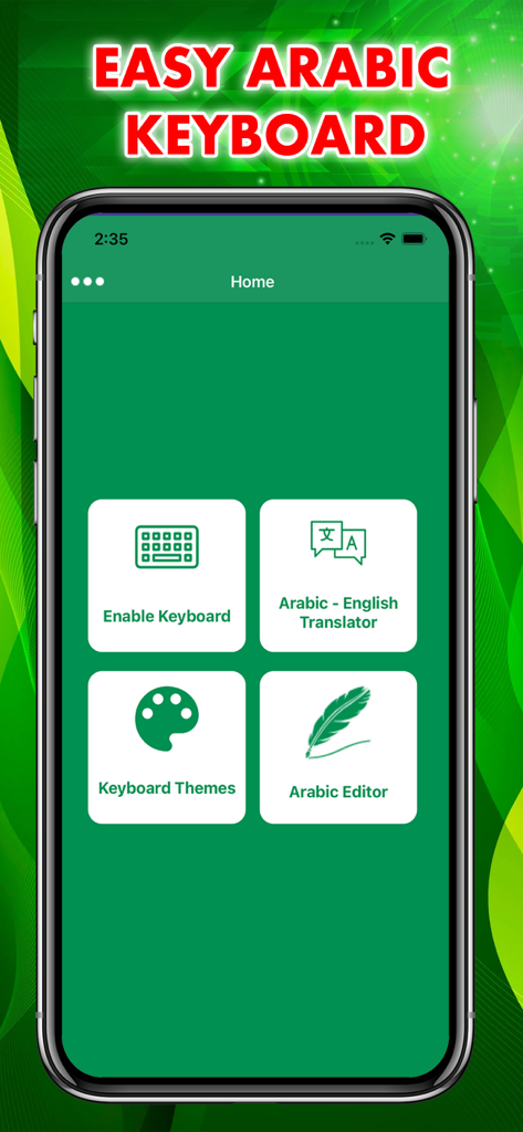 Pantalla del menú de la aplicación Teclado Árabe con opciones para traductor y temas del teclado