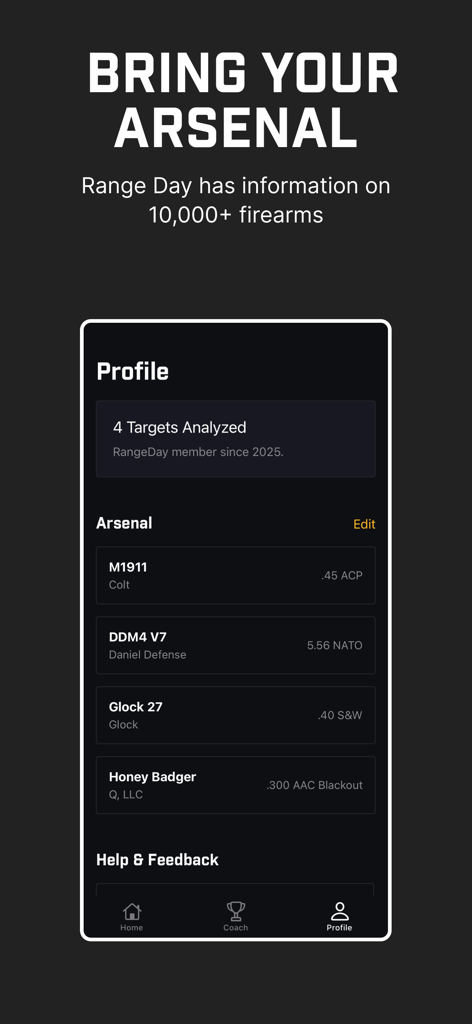 RangeDay - Ballistic x SubMOA - RangeDayアプリのインターフェイスに、Colt M1911やDaniel Defense DDM4 V7などの銃器の武器庫を備えたユーザープロファイルが表示されています。