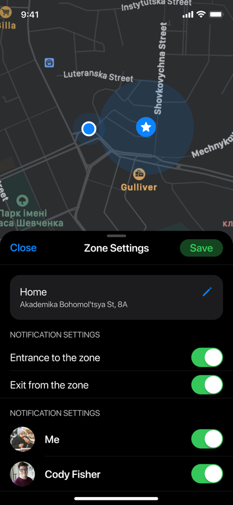 Configuración de geovallas para la ubicación del hogar en la aplicación Phone Tracker
