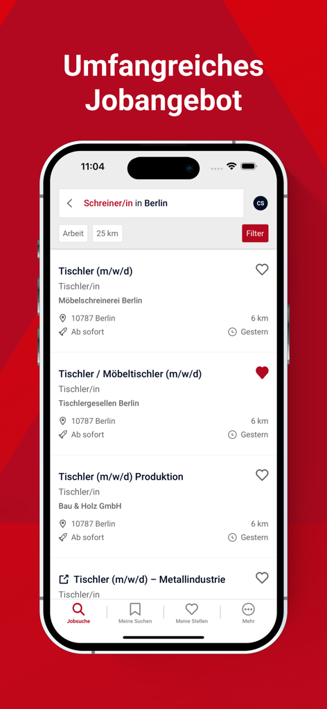 Jobsuche – Jobportal der BA - Screenshot of the Jobsuche app showing a list of job search results for carpenters in Berlin.