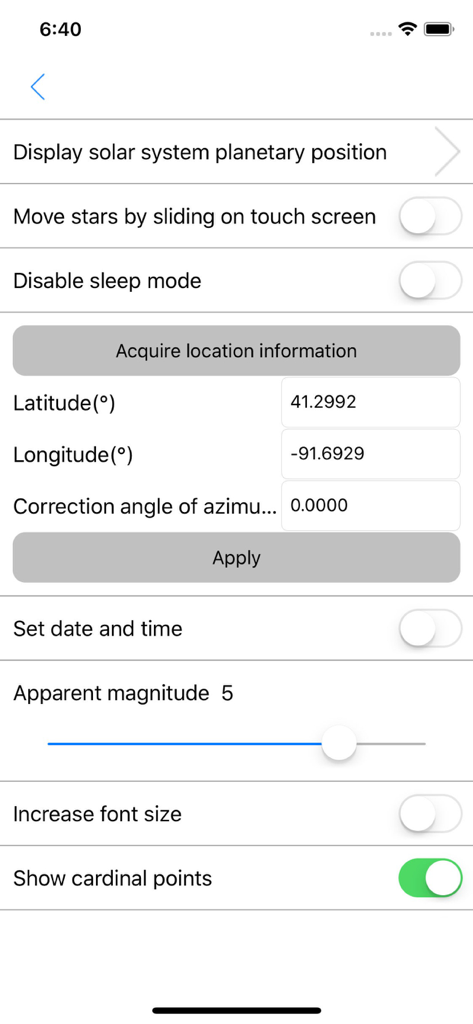 Constellation Map mobile - 場所と表示設定オプションが表示されたConstellation Mapモバイルアプリの設定画面