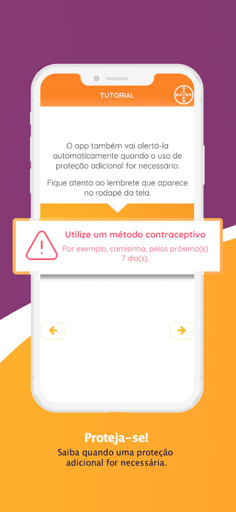 Yaz Flex - Yaz Flexアプリのチュートリアル画面で、7日間追加の避妊保護を使用するようにという警告が表示されています。