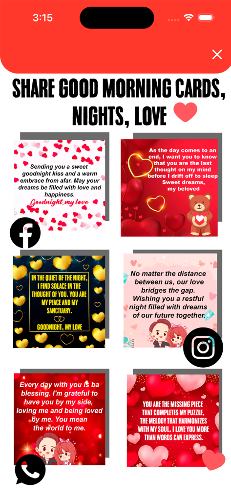 Love messages Love quotes - A collection of romantic good morning and good night greeting cards with options to share on social media