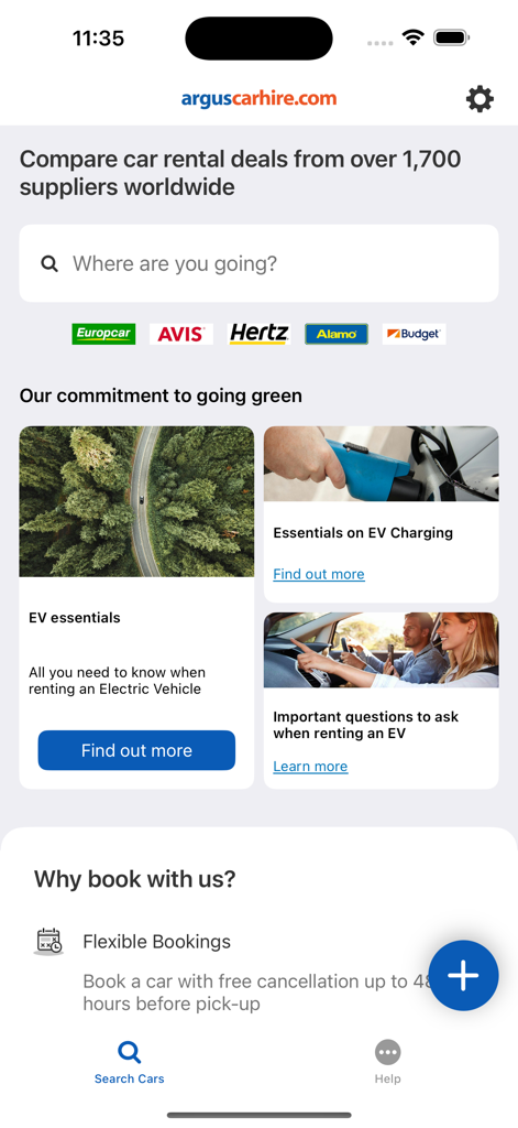 Argus Car Hire - L'écran d'accueil de l'application Argus Car Hire présentant une barre de recherche pour les locations de voitures mondiales et des informations sur la location de véhicules électriques.