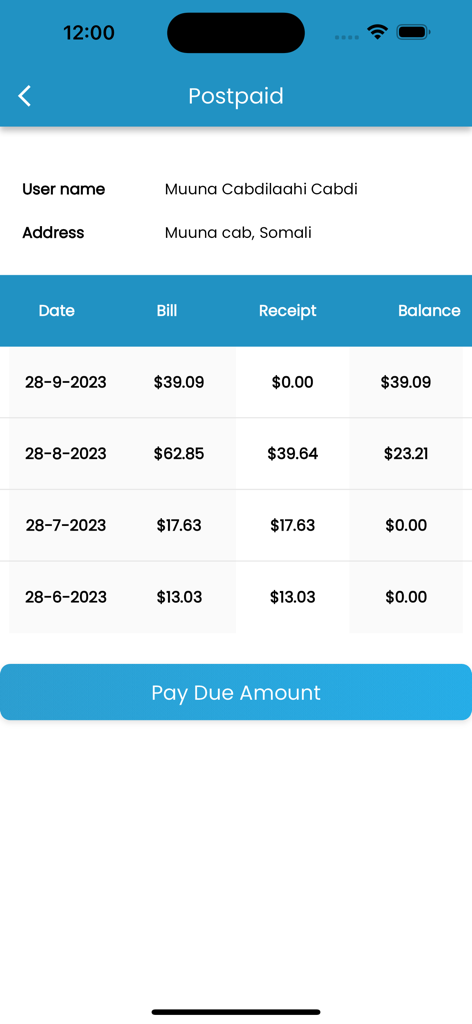 Indho Powerアプリのインターフェース。後払い請求履歴と、支払い期限の金額を支払うボタンが表示されています。