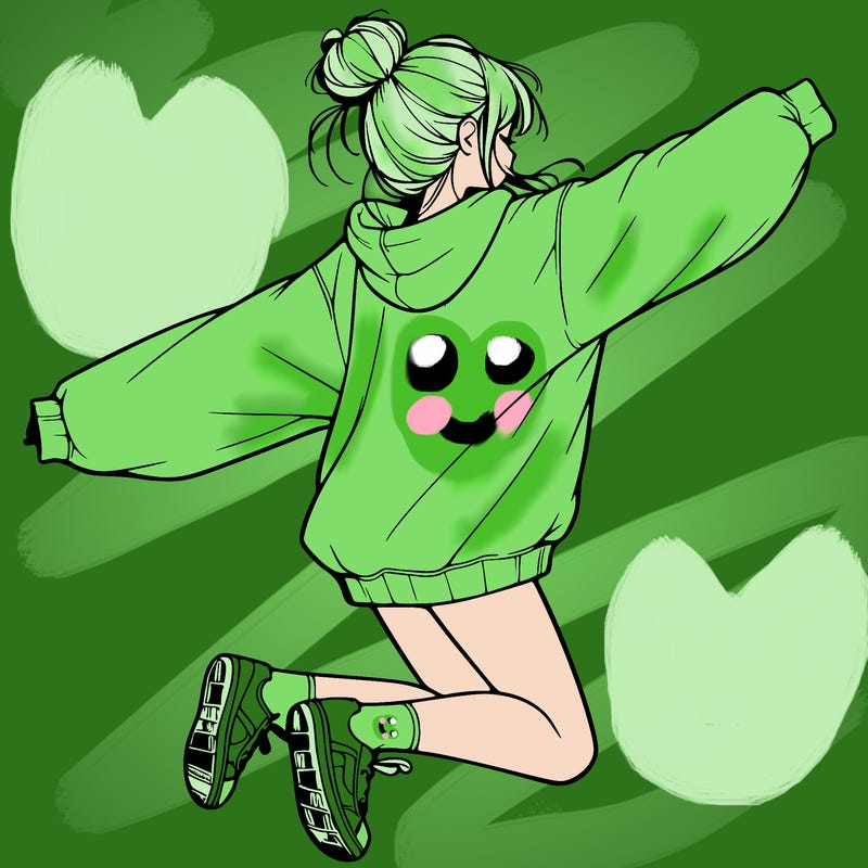 realistic girl jumping with a bun and oversized sweatshirt