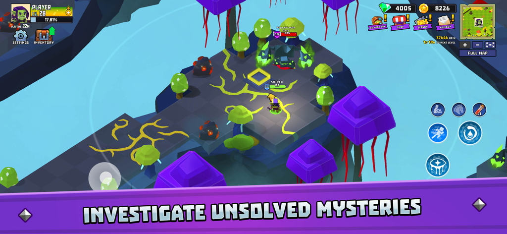 Hunters Origin - Gameplay screenshot of Hunters Origin showing a character exploring a magical island with the caption Investigate Unsolved Mysteries.