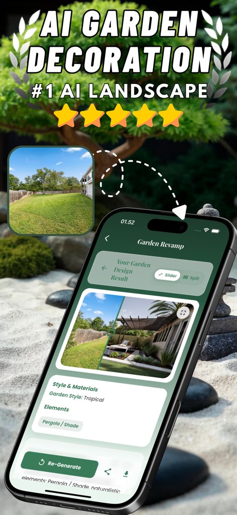 AI Garden Decoration Landscape - Smartphone showing AI generated tropical garden design from a backyard photo