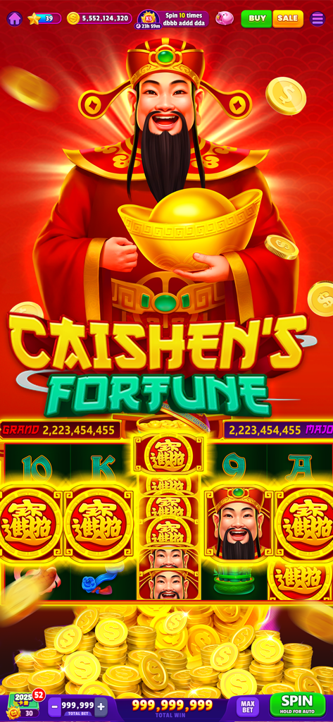 Gameplay screen of the Caishens Fortune slot machine in Woohoo Casino featuring the Chinese God of Wealth and golden coins